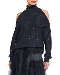 Brunello Cucinelli Sequin Cold-shoulder Cashmere/silk Turtleneck Sweater - Blue