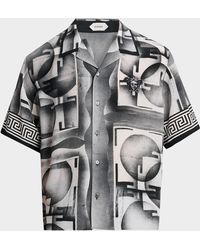 Versace - Apos;S Silk Abstract La Greca-Trim Camp Shirt - Lyst