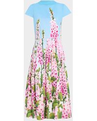 Oscar de la Renta - Cap-Sleeve Foxglove-Print Pleated Cotton Poplin Midi Dress - Lyst
