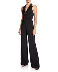 Jay Godfrey Pierce Halter Tux Jumpsuit With Sequin Lapels & Side Stripes - Black