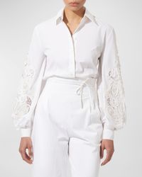 Carolina Herrera - Embroidered Puff-Sleeve Button-Front Blouse - Lyst