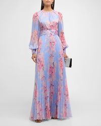 Teri Jon - Pleated Floral-Print Blouson-Sleeve Gown - Lyst