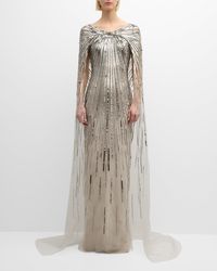 Pamella Roland - Sequined Gown With Sheer Cape - Lyst