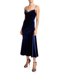 THEIA Beaded Sweetheart Velvet Midi Slip Dress - Blue