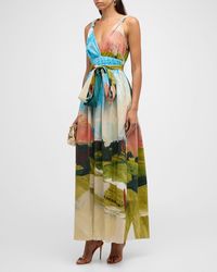 Oscar de la Renta - Plunging Landscape-Print Waist-Tie Sleeveless Maxi Dress - Lyst