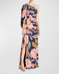 THEIA - Tori Drapped One Shoulder Gown In Nocturnal Peonies - Lyst