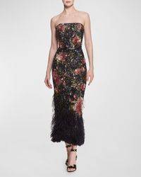 Marchesa - Floral Print Sequin Embroidered Column Gown With Feather Trim - Lyst
