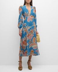 Etro - V-neck Floral-print Long-sleeve Slit-hem Cady Midi Dress - Lyst