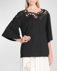 Elie Saab - Broderie Anglaise Cotton Jersey T-Shirt - Lyst