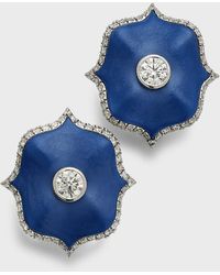 Bayco - Platinum, Blue Ceramic And Round F/vvs1-vs2 Diamond Mini Lotus Earrings - Lyst