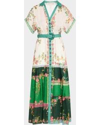 Saloni - Riya-B Belted Floral Linen Maxi Shirt Dress - Lyst