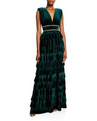Bronx and Banco Deep V-neck Sleeveless Tiered Velvet Gown W/ Waist Trim - Green