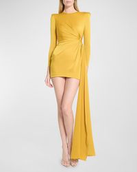 Alex Perry - Long-Sleeve Twisted Satin Crepe Strong-Shoulder Mini Dress - Lyst