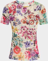 Johnny Was - Floral-Print Crewneck Mesh Tee - Lyst