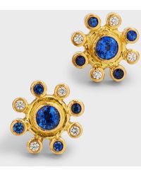 Elizabeth Locke - 19k Yellow Gold Halo Stud Earrings With Blue Sapphires, Diamonds And Butterfly Backs - Lyst