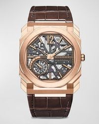 BVLGARI - 40mm Rose Gold Octo Finissimo Skeleton Watch With Alligator Strap, Brown - Lyst