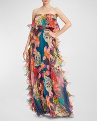 Badgley Mischka - Pleated Strapless Floral-Print Ruffle Gown - Lyst