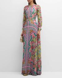 Teri Jon - Pleated Floral-Print Chiffon Gown - Lyst