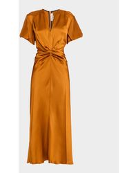 Victoria Beckham - V-Neck Gathered Waist Satin Midi Dress - Lyst