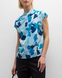 Emporio Armani - Pleated Cap-Sleeve Abstract-Print Blouse - Lyst