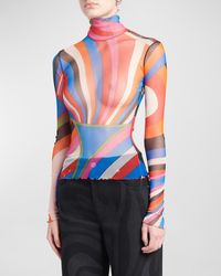 Emilio Pucci - Abstract-Print Turtleneck Long-Sleeve Mesh T-Shirt - Lyst