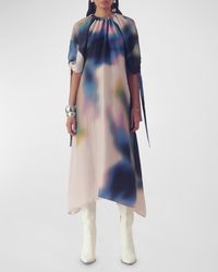 LOVEBIRDS - Hydrangea Blouson-Sleeve Silk Midi Dress - Lyst