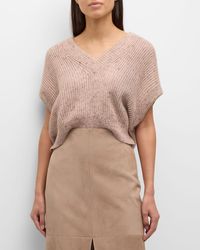 Brunello Cucinelli - Mohair Melange Knit V-Neck Cap-Sleeve Crop Sweater - Lyst