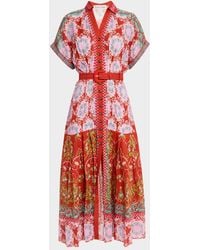 Saloni - Riya-B Belted Floral Linen Maxi Shirt Dress - Lyst