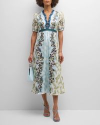 Saloni - Tabitha Printed Silk Puff-sleeve Midi Dress - Lyst