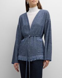 Misook - Tie-waist Fringe-trim Intarsia Knit Tweed Jacket - Lyst