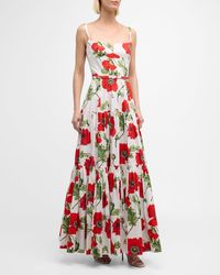 Oscar de la Renta - Poppies-Print Sleeveless Belted Tiered Maxi Dress - Lyst
