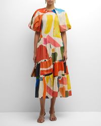 LOVEBIRDS - Mosaic Tiered Puff-Sleeve A-Line Midi Dress - Lyst