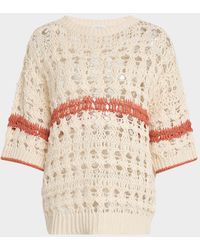 Brunello Cucinelli - Stripe Cotton-Jute Open Knit Short-Sleeve Sweater - Lyst