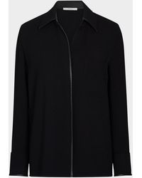Vince - Crepe Button-Front Blouse With Faux Leather Trim - Lyst
