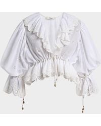 Chloé - Eyelet Cotton Ruffle Crop Peasant Blouse - Lyst