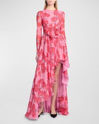 Giambattista Valli - Floral-Print Bow Long-Sleeve Side-Slit Silk Gown - Lyst