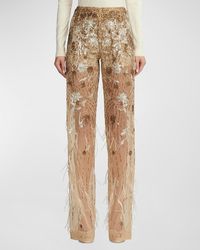 Ralph Lauren Collection - High-Rise Feather Embellished Sheer Straight-Leg Pants - Lyst