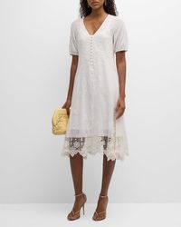 Johnny Was - Isabelle Embroidered Lace-Trim Midi Dress - Lyst