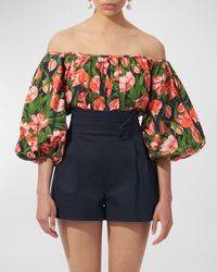 Carolina Herrera - Floral-Print Off-The-Shoulder Puff-Sleeve Top - Lyst