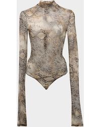 LAPOINTE - Snakeskin-Print Mesh Mock-Neck Long-Sleeve Bodysuit - Lyst