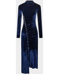 Rabanne - Mock-Neck Asymmetric Ruched Velvet Midi Dress - Lyst