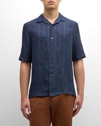 Brunello Cucinelli - Linen Embroidered Stripe Camp Shirt - Lyst