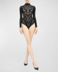 Wolford - Mock-Neck Floral Lace Thong Bodysuit - Lyst