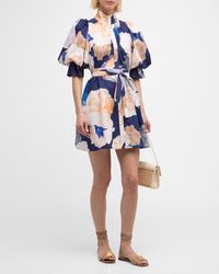 LEO LIN - Eli Belted Puff-sleeve Floral-print Mini Dress - Lyst