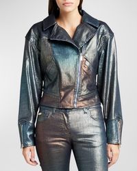 Alberta Ferretti - Metallic Coated Denim Moto Jacket - Lyst