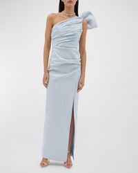 Rachel Gilbert - Pleated Draped One-Shoulder Bow Side-Slit Gown - Lyst