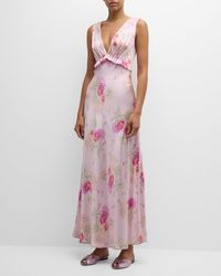 LoveShackFancy - Suniva Sleeveless Floral Silk V-Neck Midi Dress - Lyst