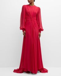 Monique Lhuillier - Twisted Long-Sleeve Silk Gown - Lyst