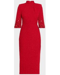 Badgley Mischka Mock-Neck Beaded Shimmer Tweed Midi Dress in Red | Lyst Badgley Mischka Mock-Neck Beaded Shimmer Tweed Midi Dress in Red | Lyst