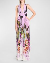 Elie Saab - Floral-Print Plunging Halter Silk Gown - Lyst
